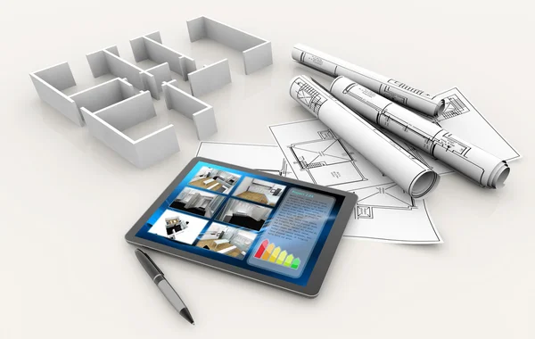 Huis model, blauwdrukken, Tablet PC- en peninstellingen — Stockfoto