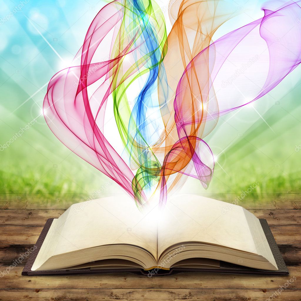 Open book with colored smoke swirls and twirls