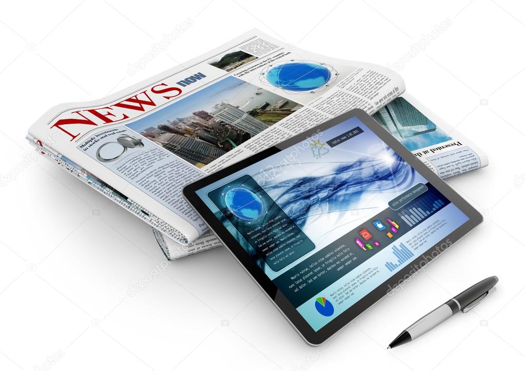 Daily newspaper, tablet and pen on white background