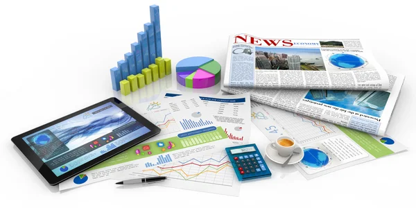 Graphs, tablet and newspaper on white background — Stock Photo, Image