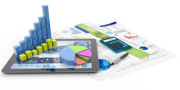 Graphics, calculator, pen, tablet and financial documents
