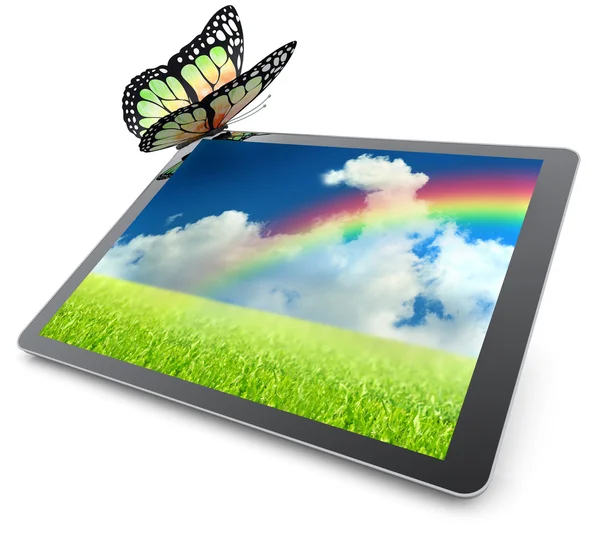 Monarch vlinder rusten op een tablet pc — Stockfoto