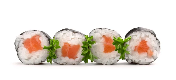 Quatro rolos de sushi de salmão em fundo branco — Fotografia de Stock