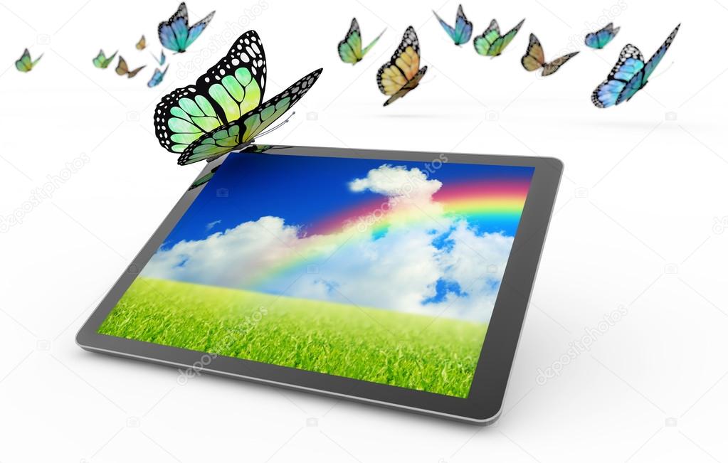 Tablet  and flying butterflies on white background