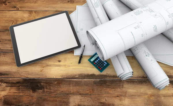 Blauwdrukken, rekenmachine en tablet op houten tafel — Stockfoto