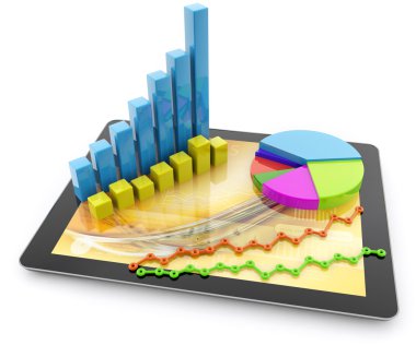 grafikler ve bir tablet üzerinde beyaz zemin üzerine