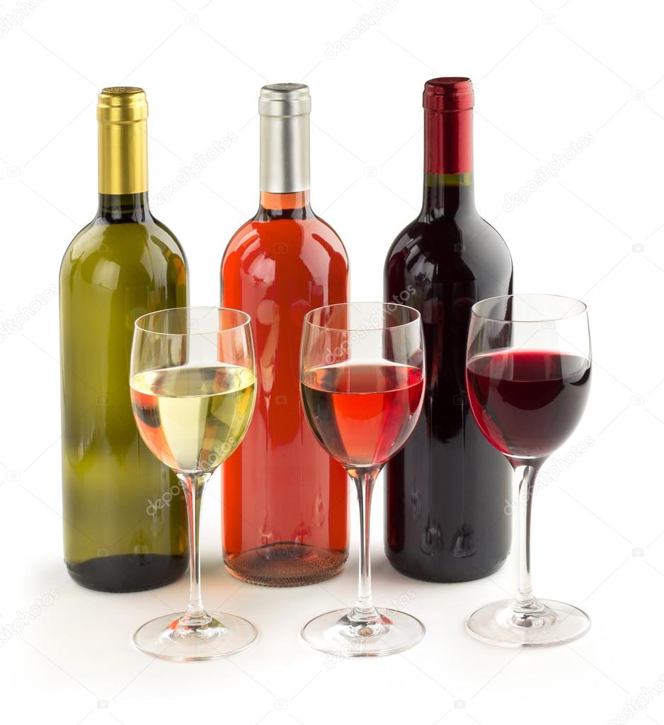 Set of wine bottles and wineglasses on white background