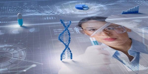 Hologram Dna Spiral Kapsel Och Diagram Vetenskaplig Bakgrund Begreppet Genetik — Stockfoto