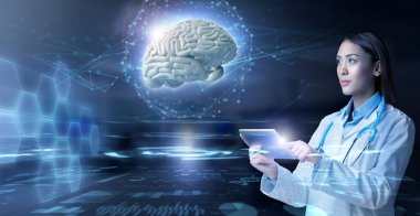 Female doctor using tablet to display brain hologram on virtual screen interface. Digital health care and medical innovative technology. 3d illustration