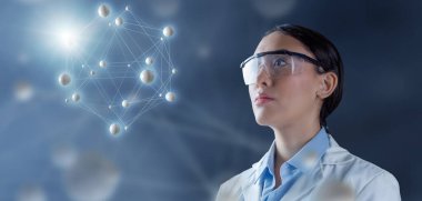 Female chemist in lab goggles contemplating a molecular structure hologram 3d illustration. Futuristic medical science, molecular biology and genetics concept. 