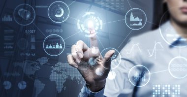 Businesswoman hand touching a HUD business interface with process analytics diagrams and icons. Double exposure, mixed media