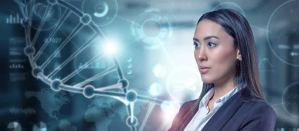 Young Businesswoman Looking Dna Helix Hologram Data Virtual Interface Bioengineering — 图库照片