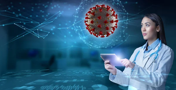 Young Female Doctor Launching Tablet Computer Corona Virus Hologram Futuristic — Fotografia de Stock