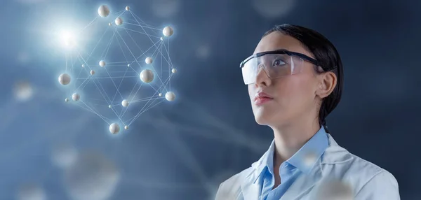 Female Chemist Lab Goggles Contemplating Molecular Structure Hologram Illustration Futuristic — 图库照片