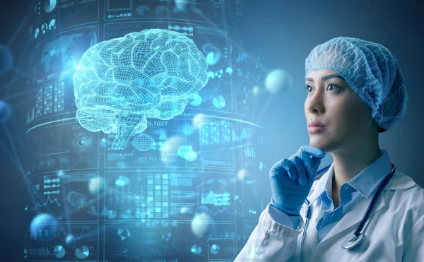 Female Doctor Surgeon Analyzing Brain Test Results Holographic Interface Innovative — 图库照片