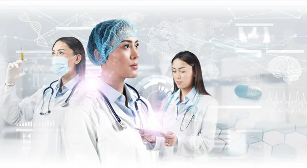 Various Shots Female Doctor Her Working Shift Abstract Medical Background — Stockfoto