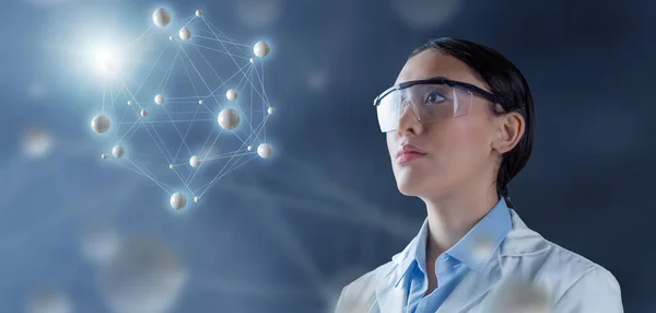 Female Chemist Lab Goggles Contemplating Molecular Structure Hologram Illustration Futuristic — Fotografia de Stock