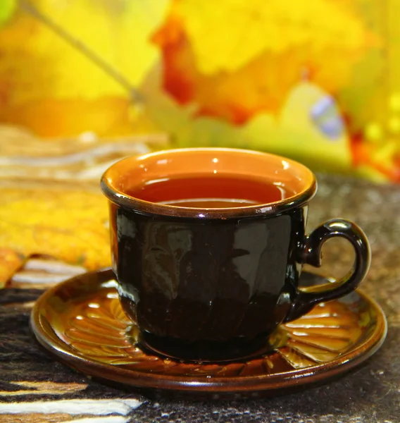 Сup of tea and autumn leaves — Stock Photo, Image