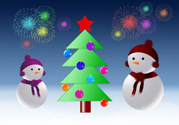 Snowmen with Christmas tree — Stock Photo, Image