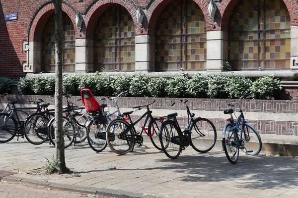 Amsterdam 'da bisiklet parkı ve arka planda tuğla bina.