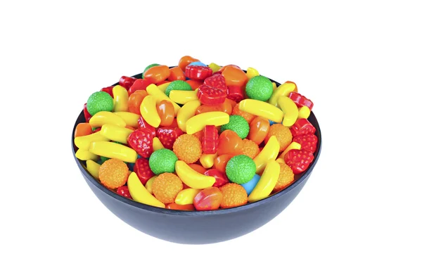 Colorful candy in a black bowl, isolated on white background — Stock Photo, Image