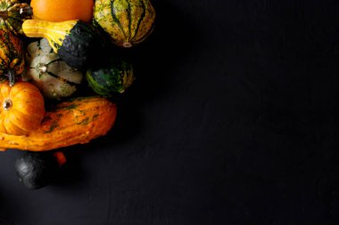 Güz Balkabağı Şükran Günü Arkaplanı - Siyah masanın üzerinde turuncu balkabakları