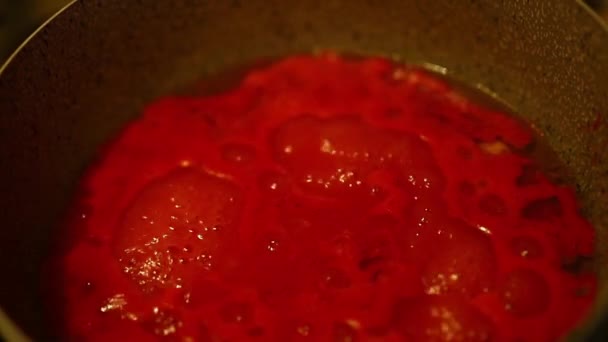 Preparación de salsa de tomate italiano con tomates frescos y albahaca — Vídeos de Stock