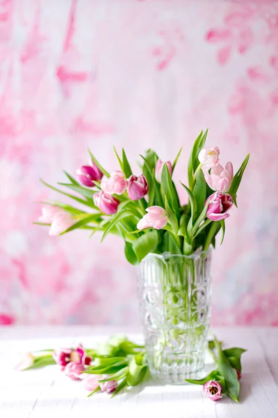 Весенние Тюльпаны Розовом Фоне Открытки День Матери — стоковое фото
