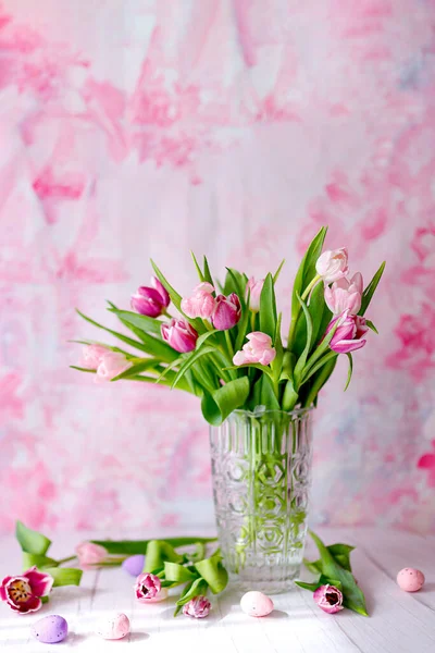 Весенние Тюльпаны Розовом Фоне Открытки День Матери — стоковое фото