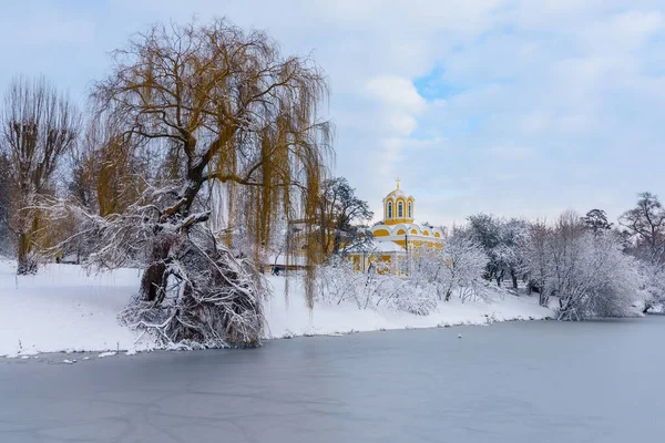 Ива Желтая Церковь Замерзшая Река — стоковое фото