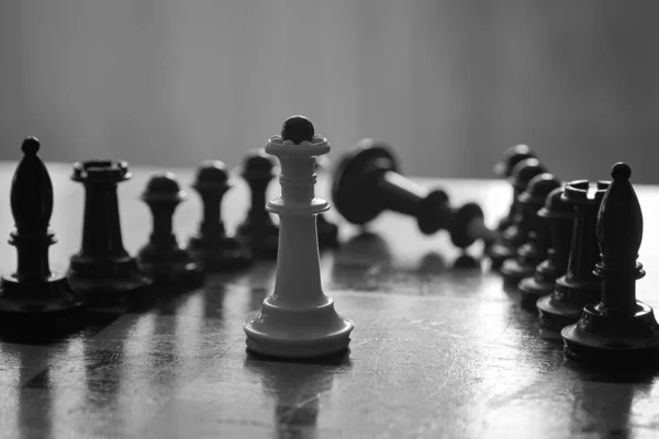Chess Pieces Chessboard White Queen Defeated Black King — Fotografia de Stock