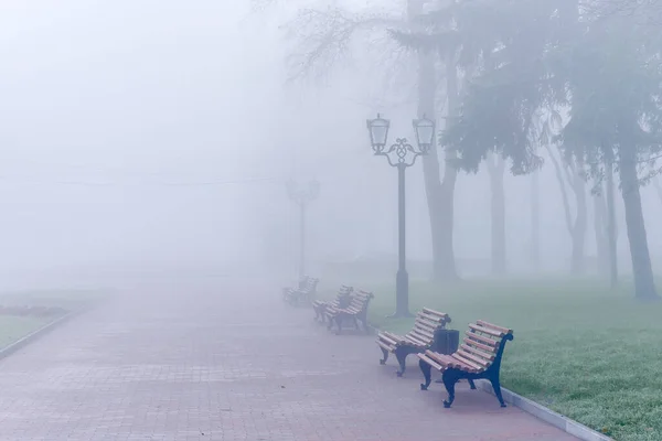 Misty Morning Park Benches Chernihiv Ukraine — Zdjęcie stockowe