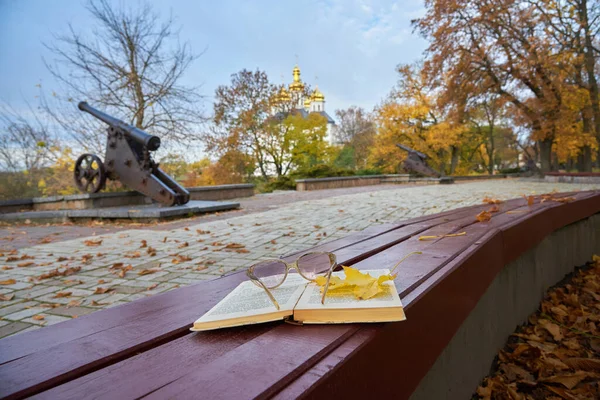 Kitap, gözlük ve sonbahar yaprağı Chernihiv, Ukrayna 'da bir park bankında