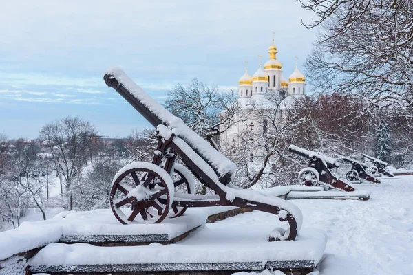 Snowy Cannons Old Church Ukraine Imagen de archivo
