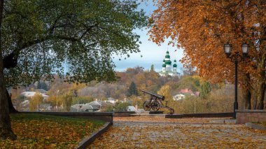 Autumn colorful view of park in ancient Chernihiv