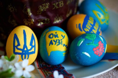 painted easter eggs in blue and yellow colors in Ukraine