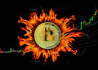 Altın bitcoin kripto para birimi siyah arkaplanda yanıyor