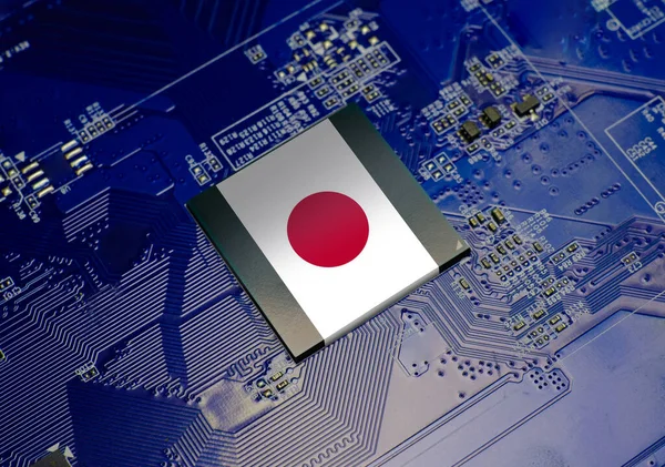 Japanese flag on CPU operating chipset computer electronic circuit board, Republic of japan technology or hardware development related conceptual