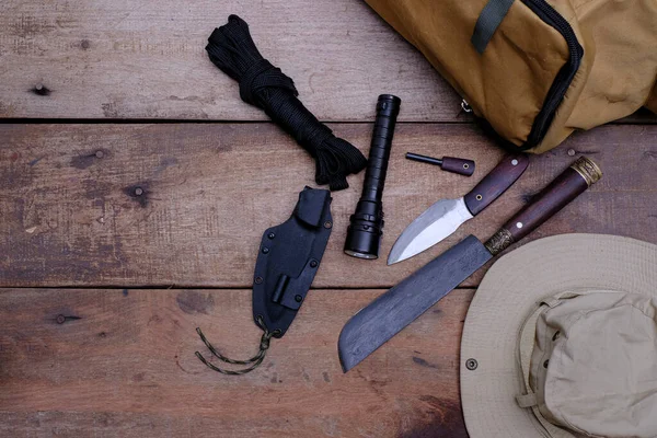 Knife Equipment Survival Forest Old Wooden Floor — Stock Photo, Image