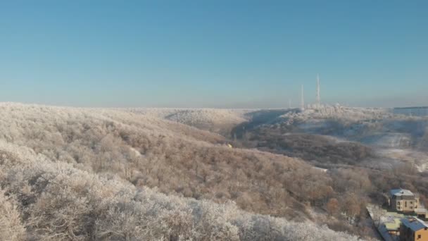 Letecký Pohled Silnici Zimním Sněhem Pokrytém Borovicovém Lese Létání Přes — Stock video