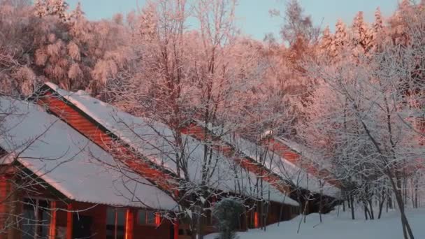 Floresta de inverno e pequenas casas de madeira no nascer do sol vermelho — Vídeo de Stock