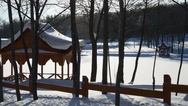 Prachtige Winterlandschap Met Een Houten Terras Een Zonnige Dag Van — Stockvideo