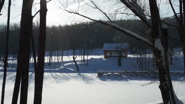 Prachtige Winterlandschap Met Een Houten Terras Een Zonnige Dag Van — Stockvideo