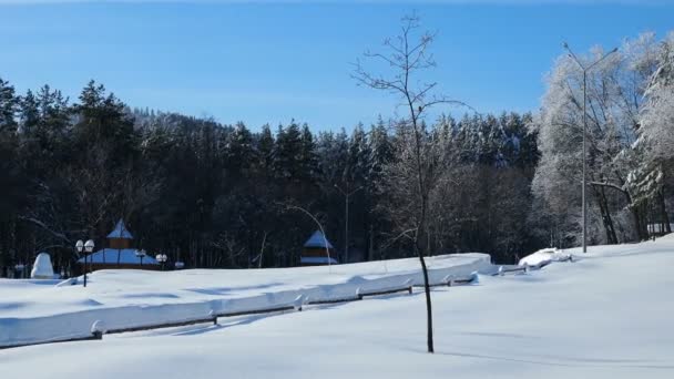 Bela paisagem de inverno com um pátio de madeira em um dia gelado ensolarado . — Vídeo de Stock