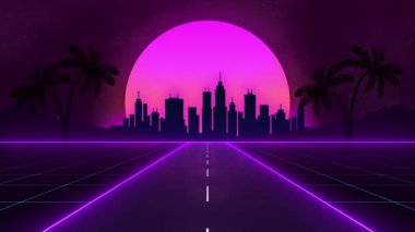 80 'lerin modası geçmiş, neon şehir geçmişine sahip. Hareket eden şebeke zeminli kusursuz siber punk şehir manzarası. Müzik videosu için VJ synthwave 3 boyutlu canlandırma.
