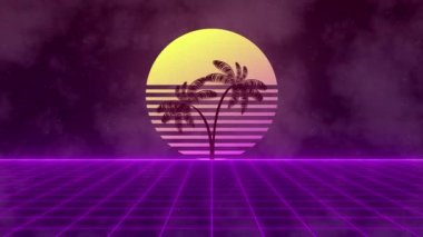 Retro 80 tarzı. Dijital okyanusun üzerinden durmadan uç. Renkli retro gün batımı. Kusursuz döngü 3d canlandırması