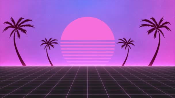 Retro 80S Style Fly Endlessly Digital Ocean Colorful Retro Sunset — Stock Video