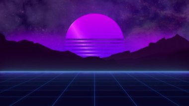 Retro 80 tarzı. Dijital okyanusun üzerinden durmadan uç. Renkli retro gün batımı. Kusursuz döngü 3d canlandırması