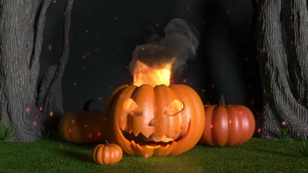 夜のハロウィンの装飾コンセプト 3DシーンとともにA燃焼カボチャのためにハロウィン — ストック動画