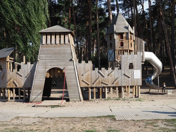 Voronezh Russia August 2021 Adventure Playground Made Wood Walkways Castle — Stock Photo, Image